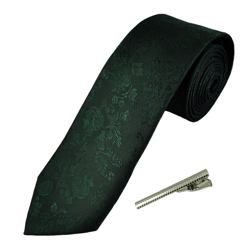 Bottle Green Floral Pattern Men's Tie with Tie Clip