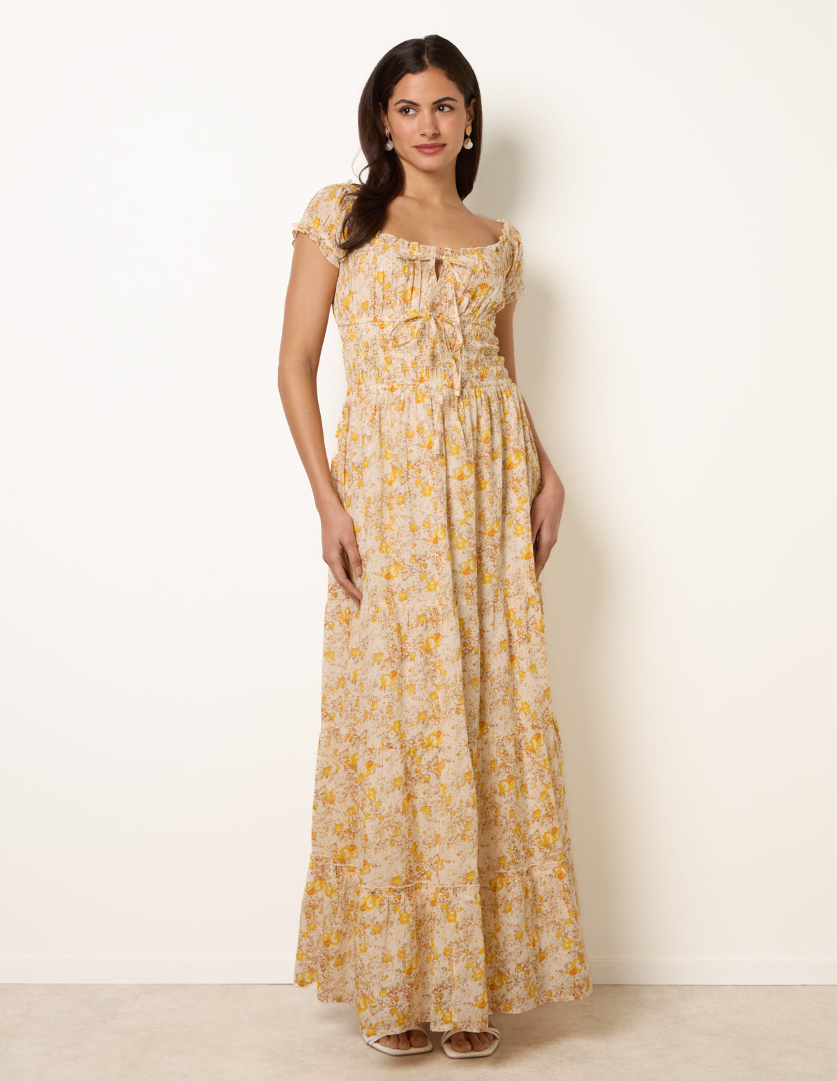 Double Front Tie Shirred Ditsy Floral Maxi Dress – M YELLOW Double Front Tie Shirred Ditsy Floral Maxi Dress – M YELLOW