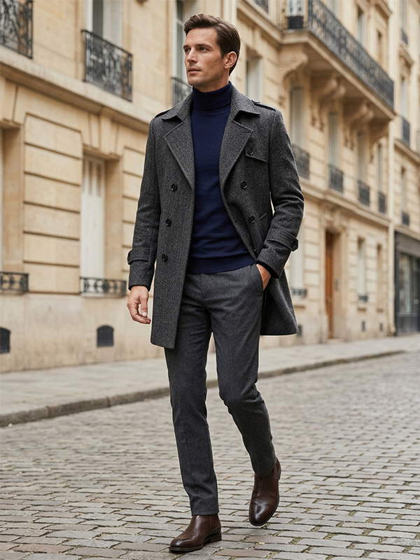 Men’s Suit Coat Double Breasted Belted Notched Lapel Collar Gray Woolen Coat Men’s Suit Coat Double Breasted Belted Notched Lapel Collar Gray Woolen Coat