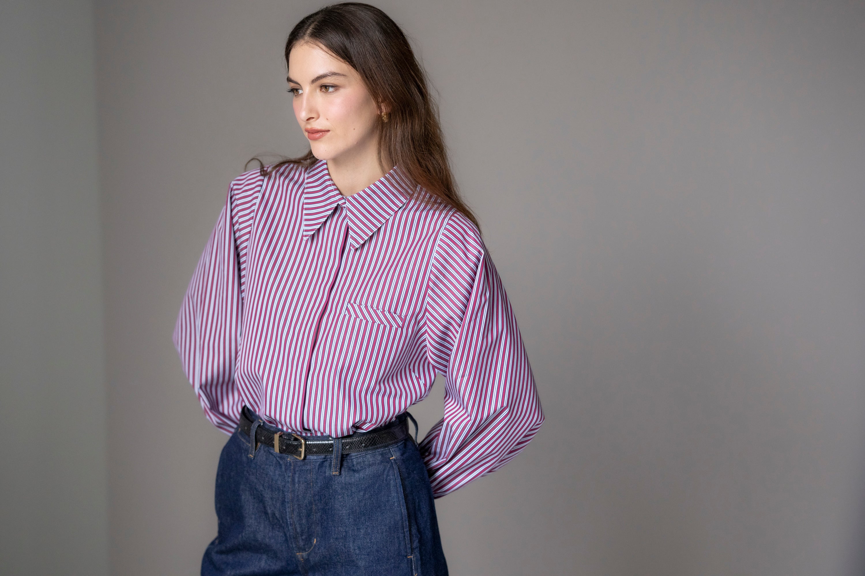 Candice Easy Fit Welt Pocket Shirt In Burgundy Stripe Cotton Poplin