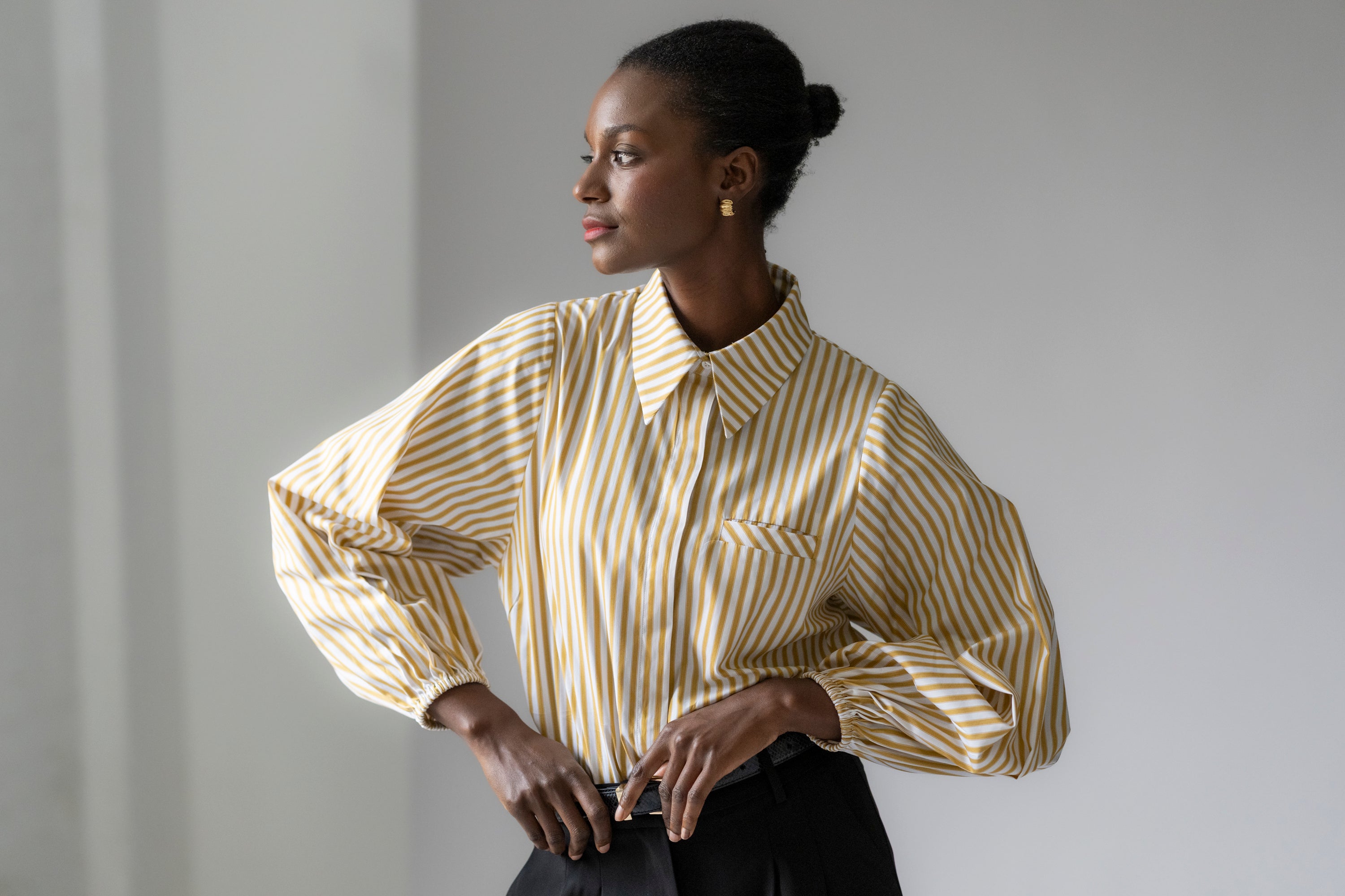 Candice Easy Fit Welt Pocket Shirt In Mustard Stripe Cotton Poplin Candice Easy Fit Welt Pocket Shirt In Mustard Stripe Cotton Poplin