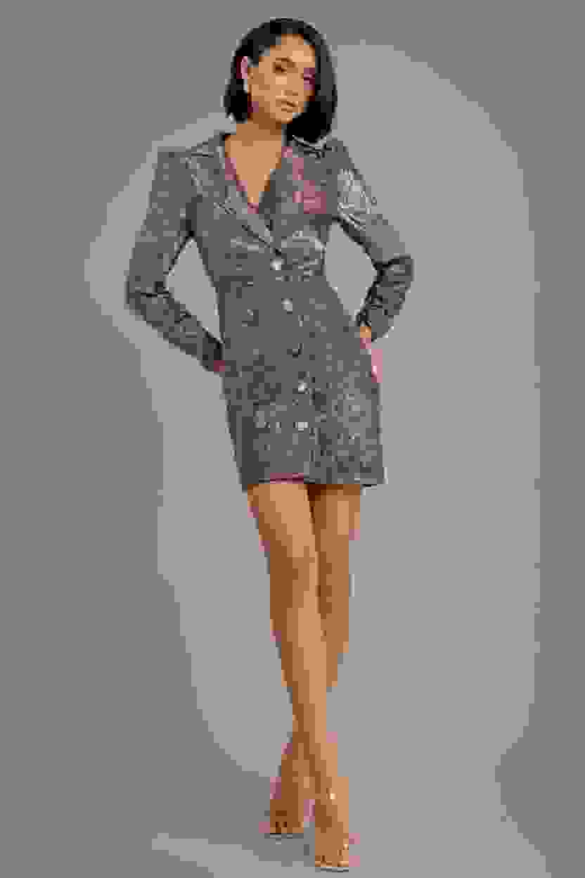 Goddiva Iridescent Foil Print Blazer Mini Dress Goddiva Iridescent Foil Print Blazer Mini Dress