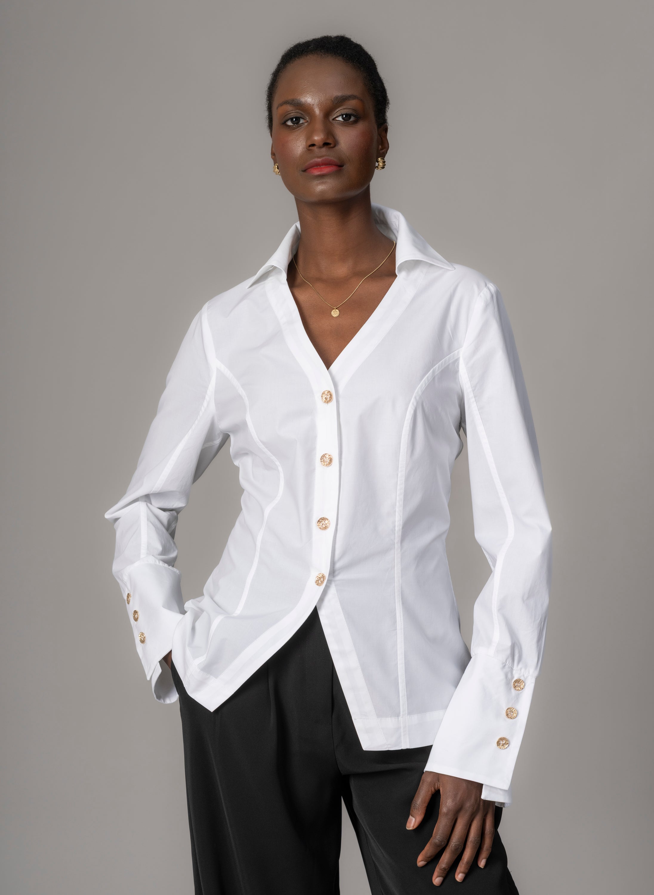 Esmeralda Tailored Fit V-Neck Collar Shirt With Split Hem in White Cotton Poplin Esmeralda Tailored Fit V-Neck Collar Shirt With Split Hem in White Cotton Poplin