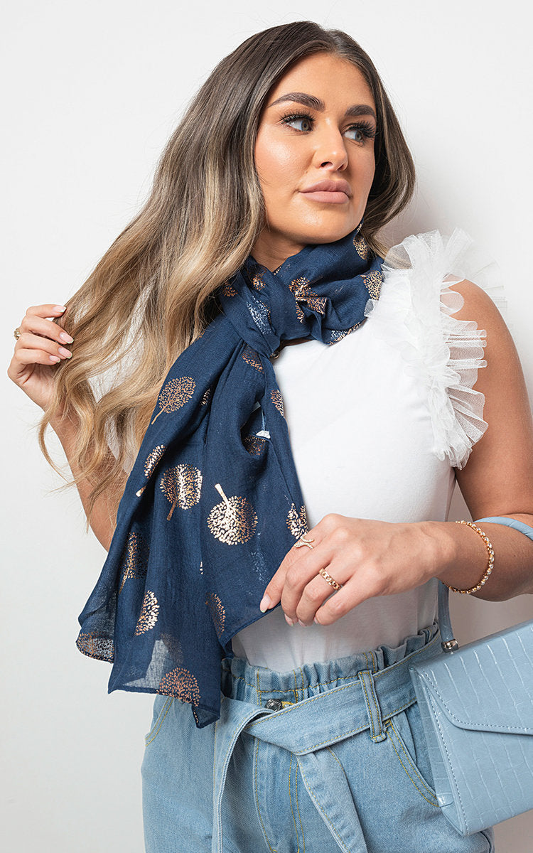 Sparkle Tree Print Wrap Scarf – Navy SZE