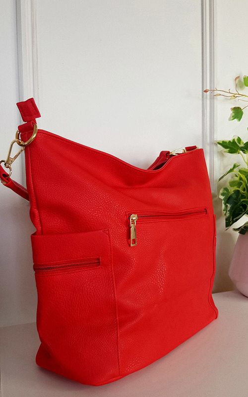 Faux Leather Shoulder Bag with Side Pocket Zip Detail – Red SZE