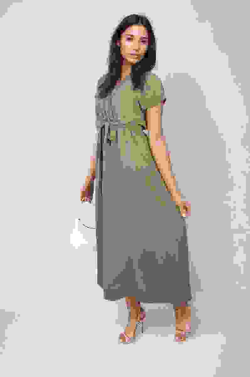 Wrap Tie Waist Short Sleeve Midi Dress – Khaki SM Wrap Tie Waist Short Sleeve Midi Dress – Khaki SM