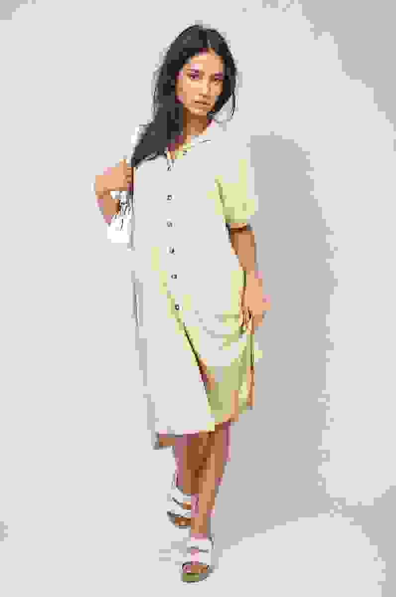 Button Front Shirt Dress – Beige SM