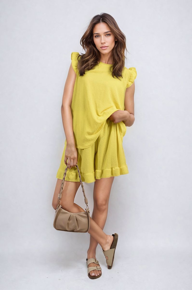 Ruffle Trim Sleeve Top and Shorts Co-ord Set – Yellow ML Ruffle Trim Sleeve Top and Shorts Co-ord Set – Yellow ML