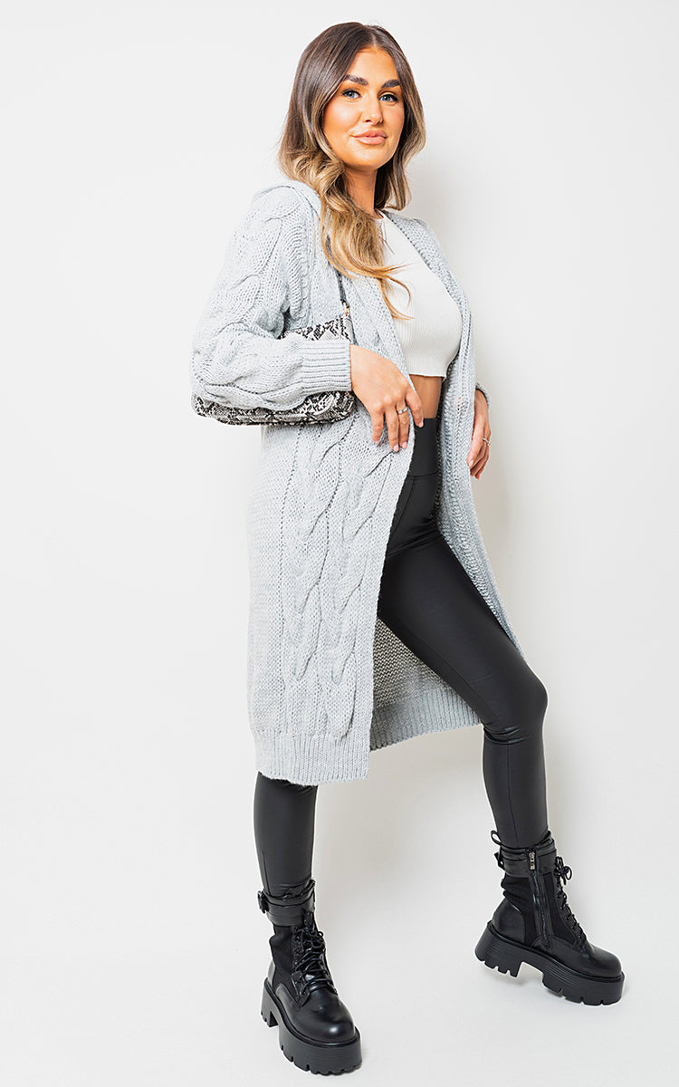 Chunky Cable Knitted Oversized Longline Hooded Cardigan – Grey SM