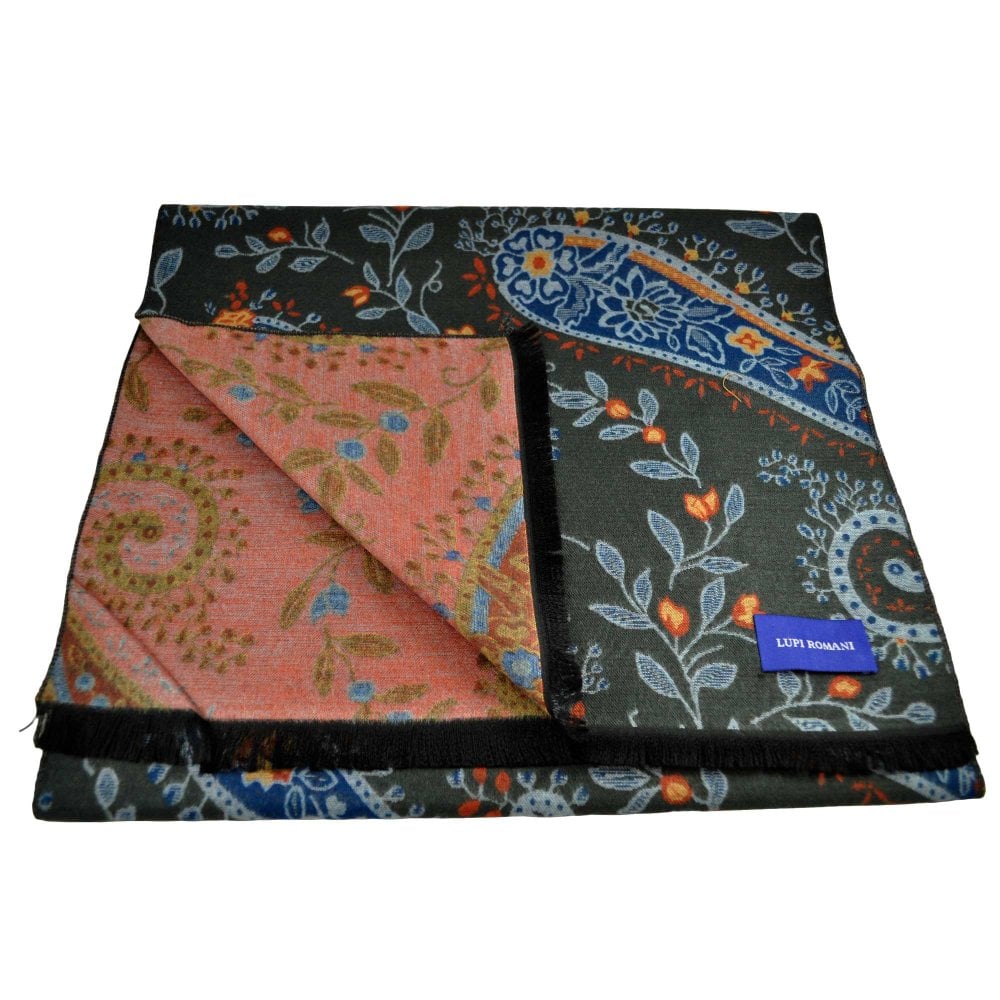 Lupi Romani Dark Grey, Blue, Silver & Orange Flower Patterned Scarf