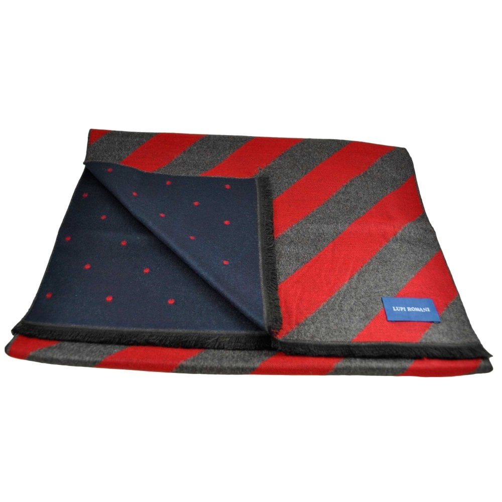 Lupi Romani Red & Grey Striped & Navy & Red Polka Dot Patterned Double Face Scarf Lupi Romani Red & Grey Striped & Navy & Red Polka Dot Patterned Double Face Scarf
