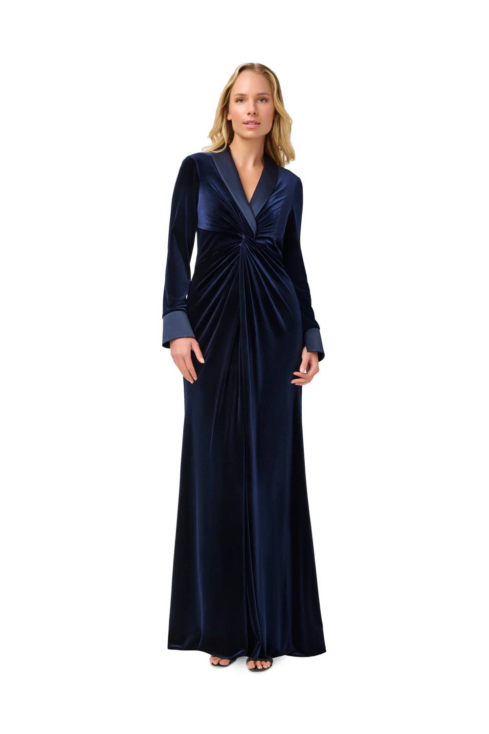 Adrianna Papell Velvet Tuxedo Gown In Navy