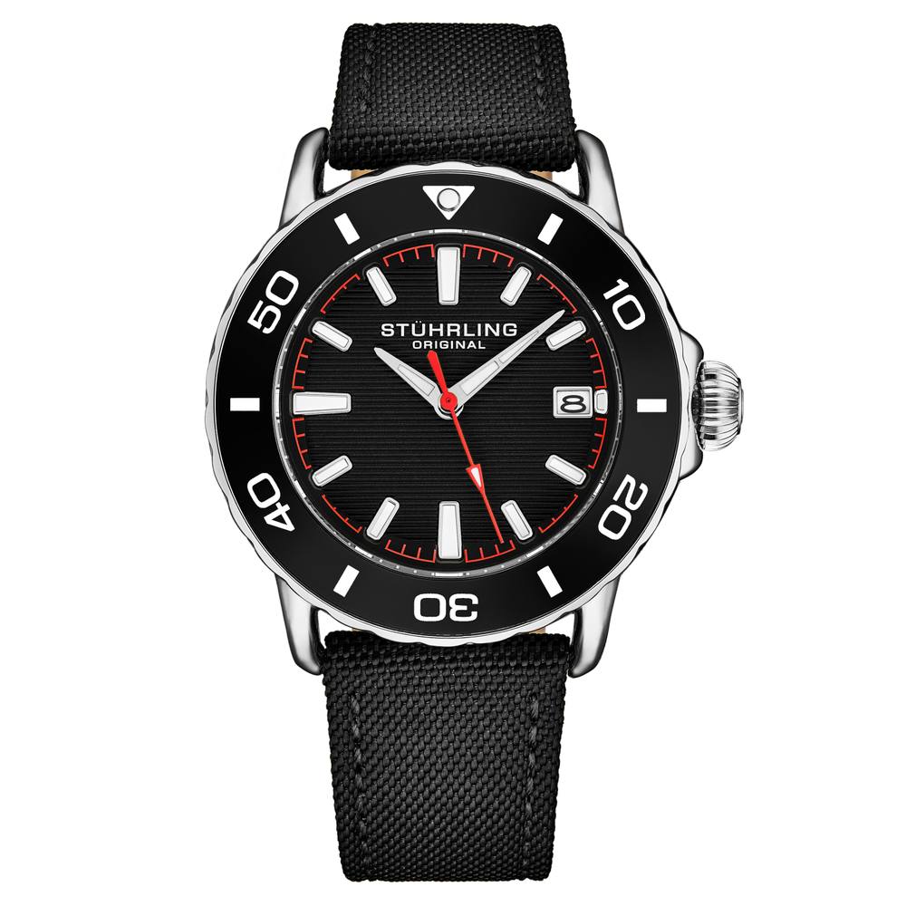 Stührling Original Explorer Dive Watch Mm Quartz Satin Twill Nylon Strap In Silver