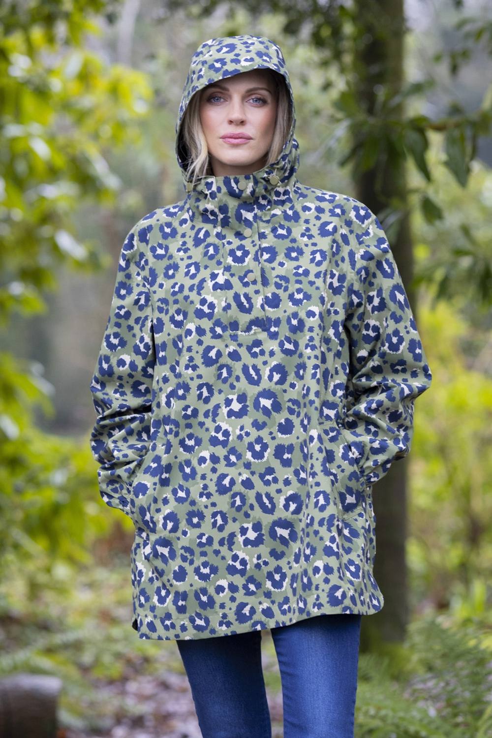 Klass. Waterproof Animal Print Hooded Cape Raincoat In Khaki