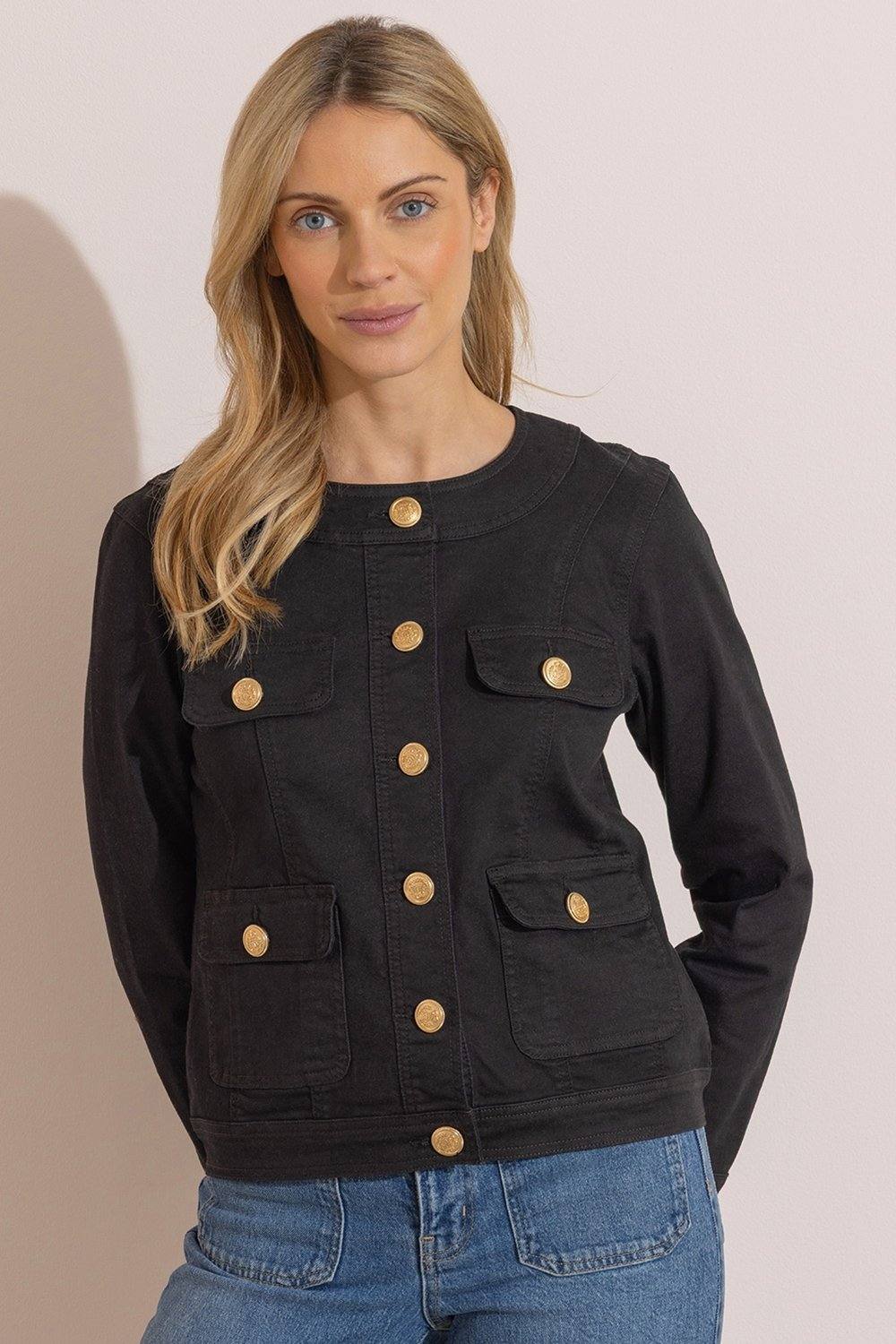 Klass. Collarless Cotton Blend Denim Jacket In Black Klass. Collarless Cotton Blend Denim Jacket In Black