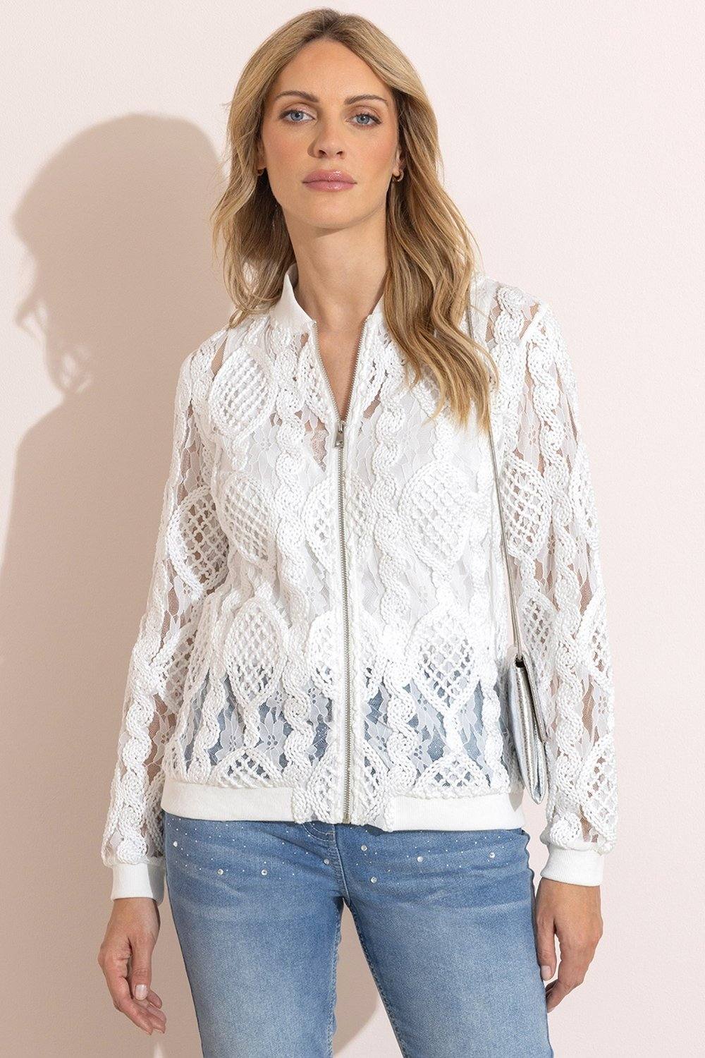 Klass. Embroidered Lace Bomber Jacket In Ivory Klass. Embroidered Lace Bomber Jacket In Ivory