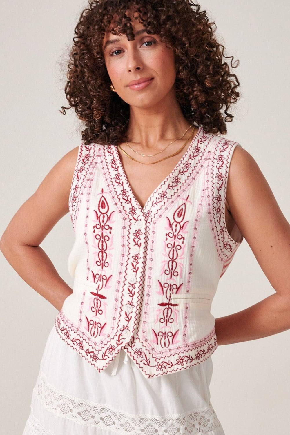 Klass. Embroidered Stripe Cotton Waistcoat In Ivory