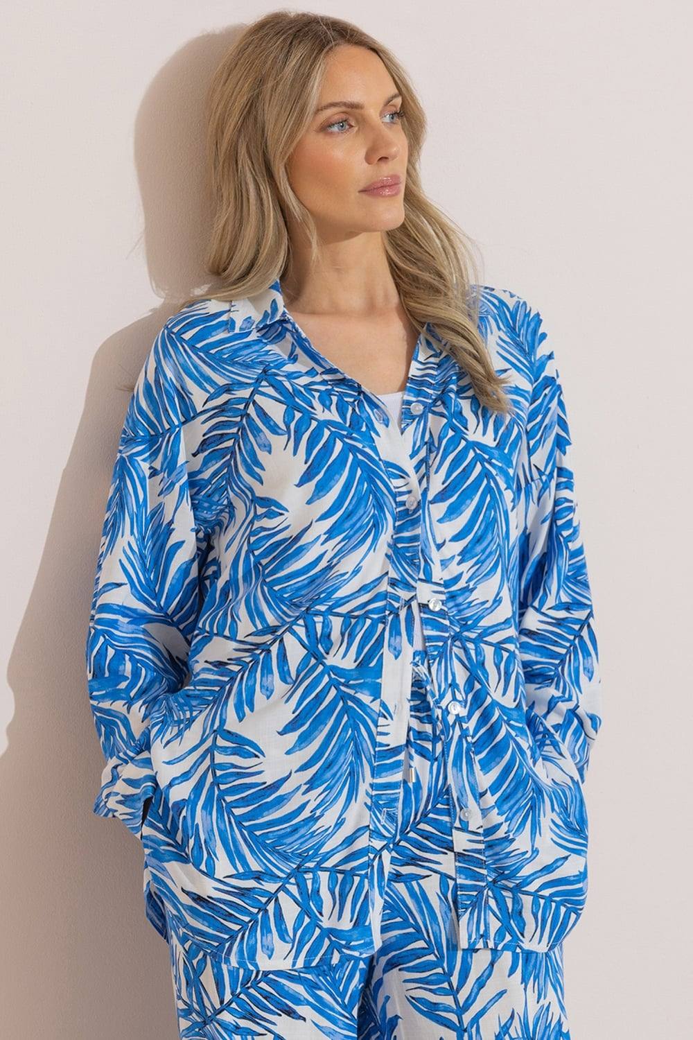 Klass. Leaf Printed Long Sleeve Shirt In Blue Klass. Leaf Printed Long Sleeve Shirt In Blue