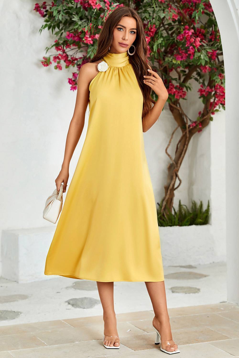 Fs Collection Satin Halter Neck Tie Back Midi Dress In Yellow