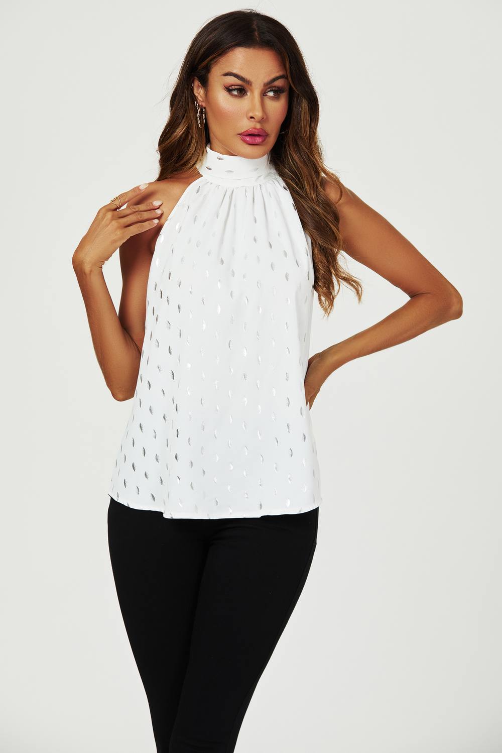 Fs Collection Silver Foil Halter Neck Tie Back Top In White