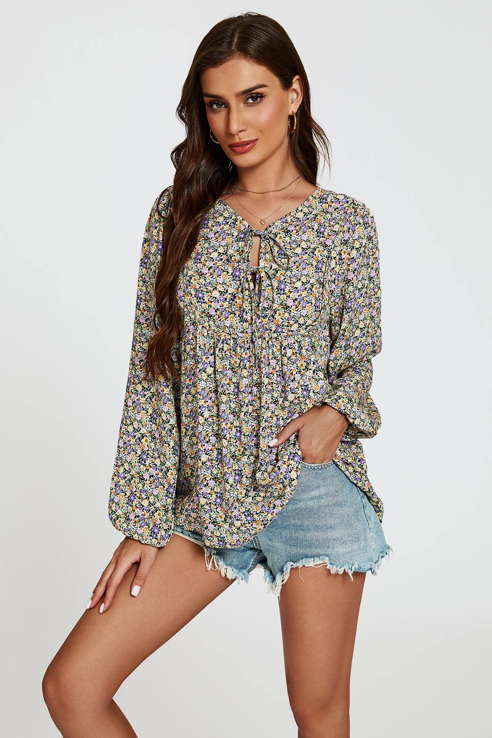 Fs Collection Floral Print Long Sleeve Blouse Top In Purple Fs Collection Floral Print Long Sleeve Blouse Top In Purple