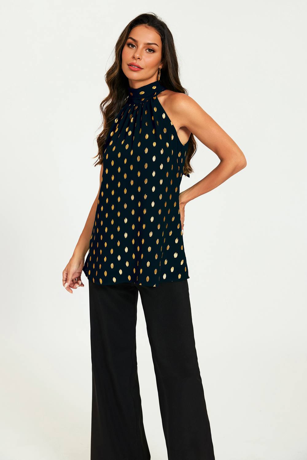 Fs Collection Gold Foil Halter Neck Tie Back Top In Black