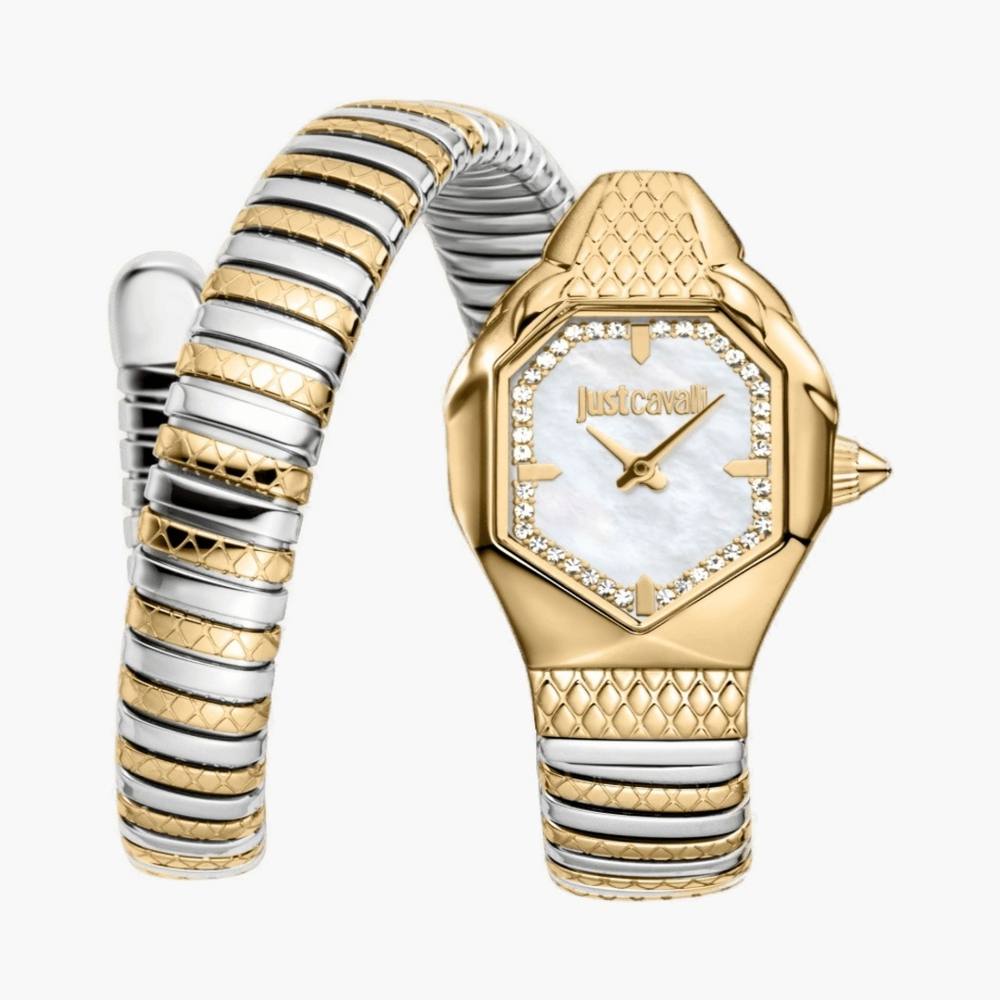 Just Cavalli Snake Gold Color White Mop Dial Two Tone Stainless Steel Watch