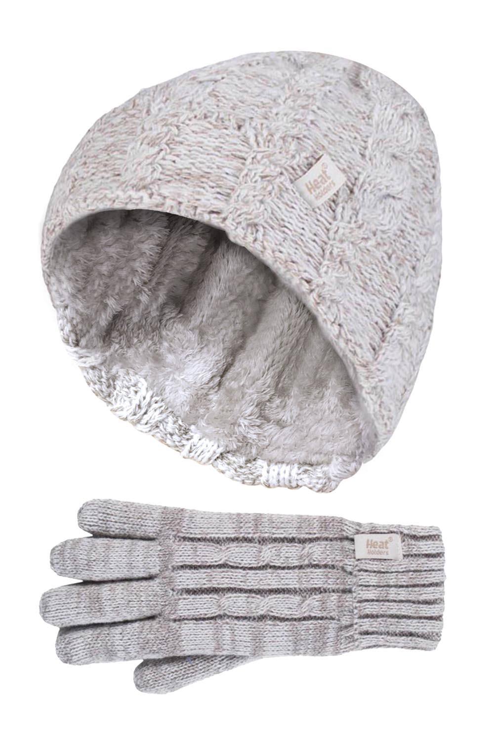 Heat Holders Cable Knitted Warm Fleece Lined Winter Hat & Gloves Set In Silver Heat Holders Cable Knitted Warm Fleece Lined Winter Hat & Gloves Set In Silver
