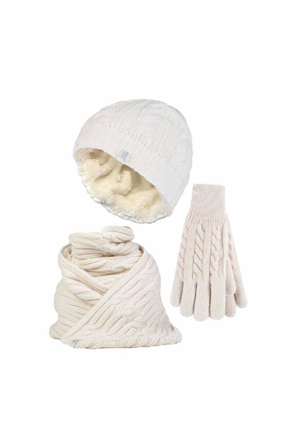 Heat Holders Knitted Thermal Hat Scarf & Gloves Set For Cold Weather In Cream