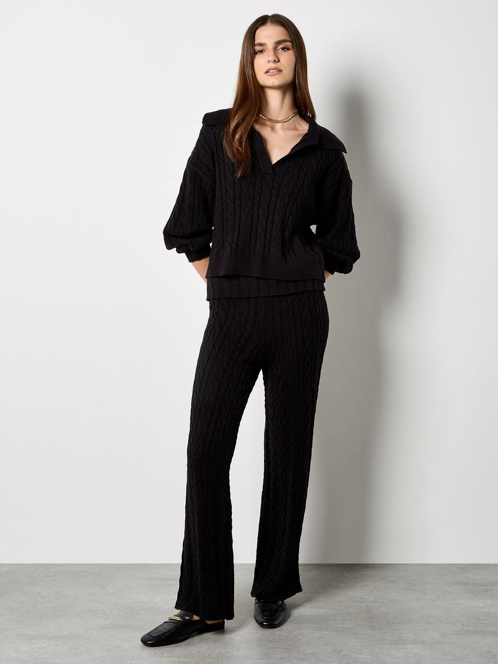 Apricot Twisted Cable Knit Wide Leg Trousers In Black