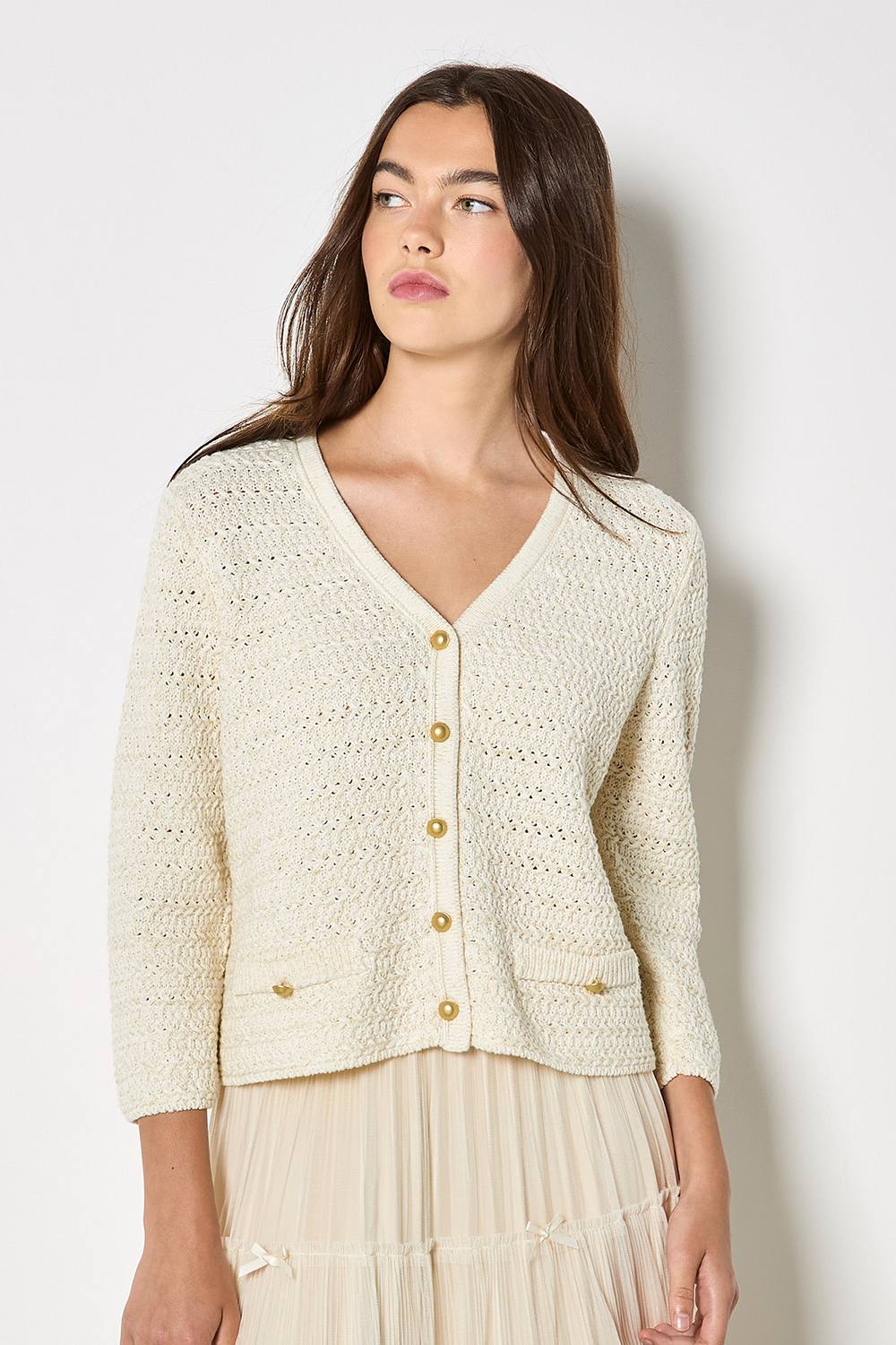 Apricot Shimmer Cotton Cardigan In Cream