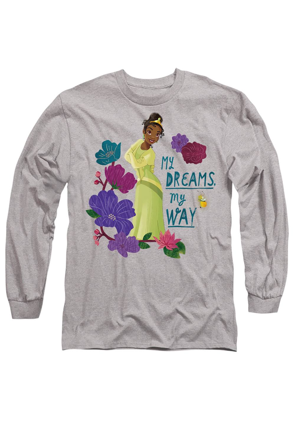 Disney The Princess And The Frog Tiana My Dreams, My Way Long Sleeve Shirt, Athletic Heather In Light Grey