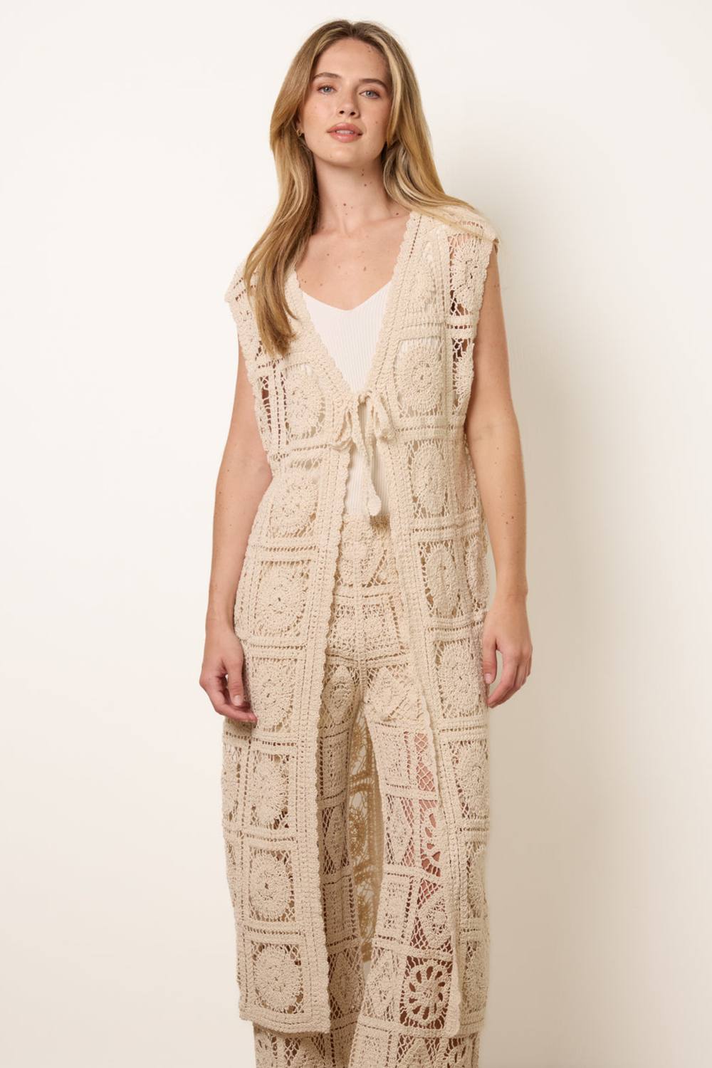 Blue Vanilla Beige Crochet Detailed Tie Front Cardigan