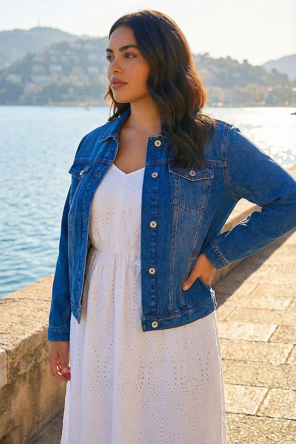 Roman Curve Cotton Denim Jacket In Mid Blue