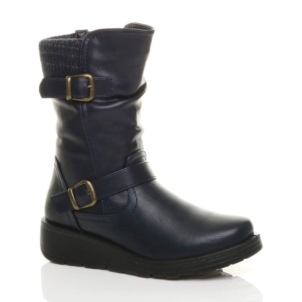 Ajvani Low Wedge Heel Comfort Calf Faux Leather Biker Boots In Navy Ajvani Low Wedge Heel Comfort Calf Faux Leather Biker Boots In Navy