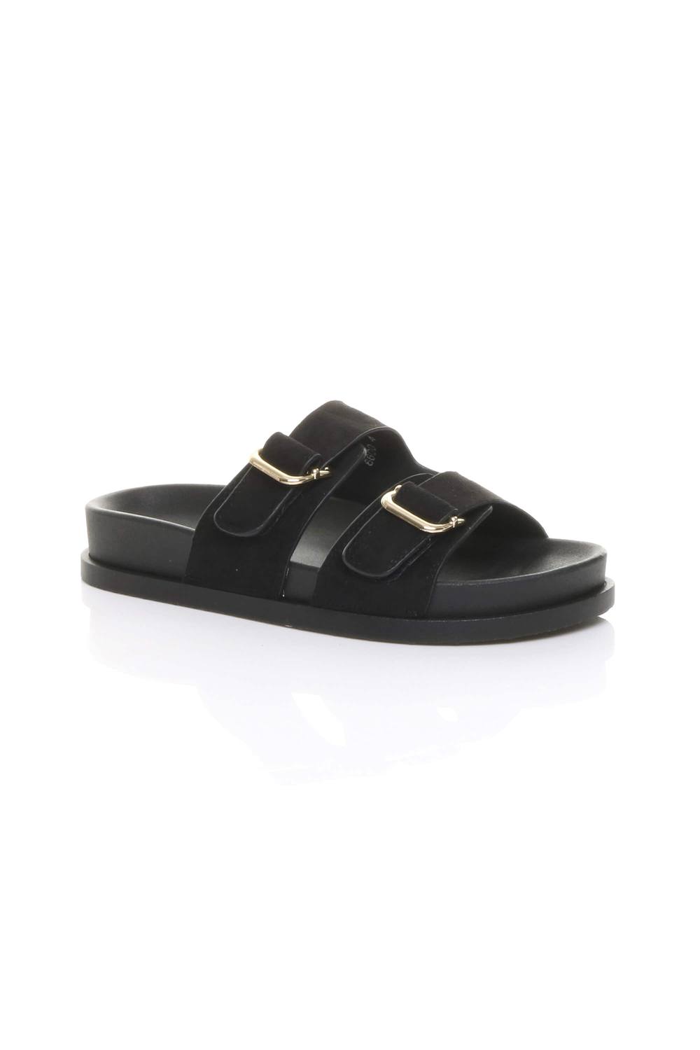Ajvani Flat Wedge Heel Flatform Double Buckle Footbed Sandals In Black Ajvani Flat Wedge Heel Flatform Double Buckle Footbed Sandals In Black