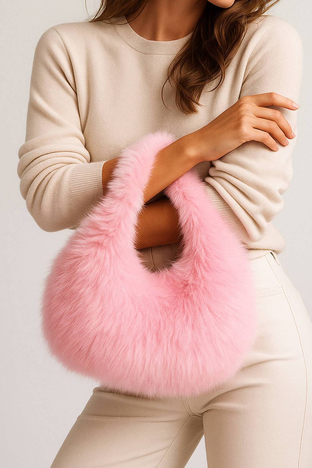 Ajvani Faux Fur Furry Fluffy Shoulder Scoop Grab Bag In Pale Pink