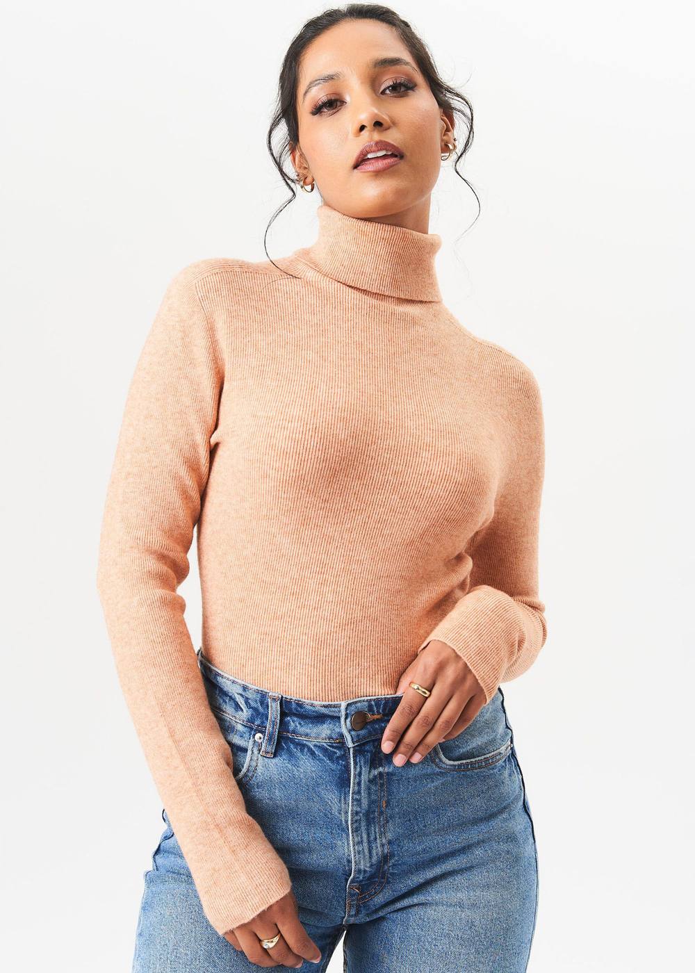 Gini London Mocha High Neck Fine Knit Jumper In Light Brown
