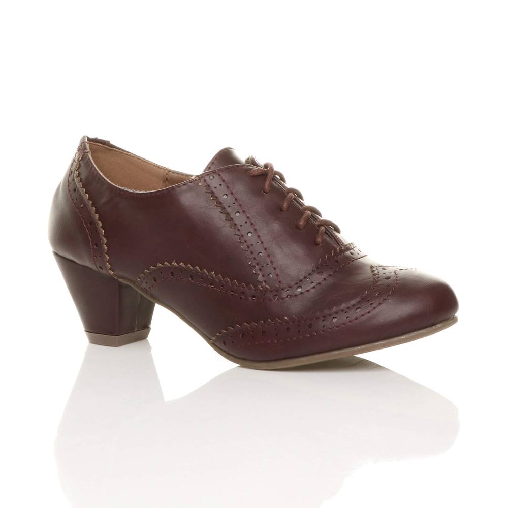 Ajvani Mid Cuban Heel Brogue Faux Leather Ankle Boots In Burgundy