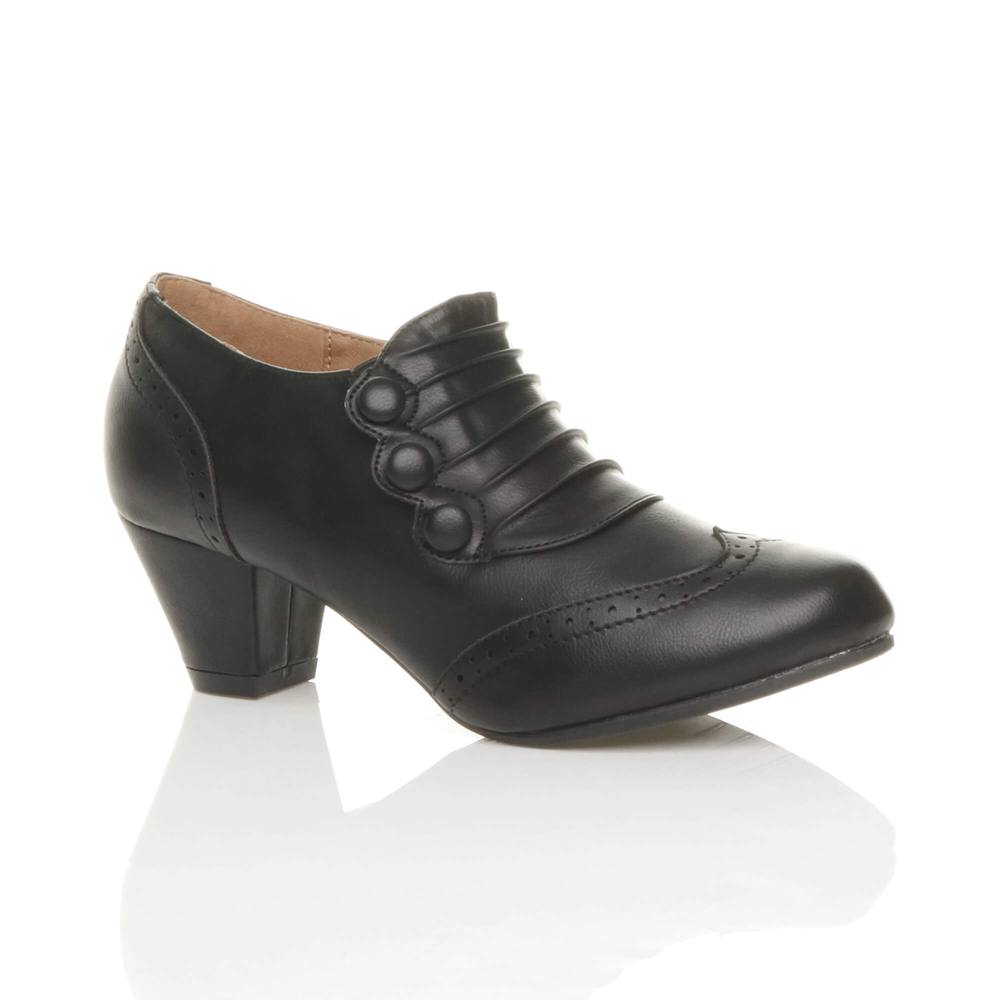 Ajvani Mid Cuban Heel Brogue Button Faux Leather Ankle Boots In Black Ajvani Mid Cuban Heel Brogue Button Faux Leather Ankle Boots In Black