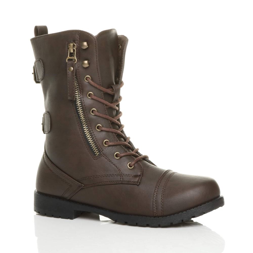 Ajvani Low Heel Lace Up Zips Military Biker Faux Leather Ankle Boots In Brown