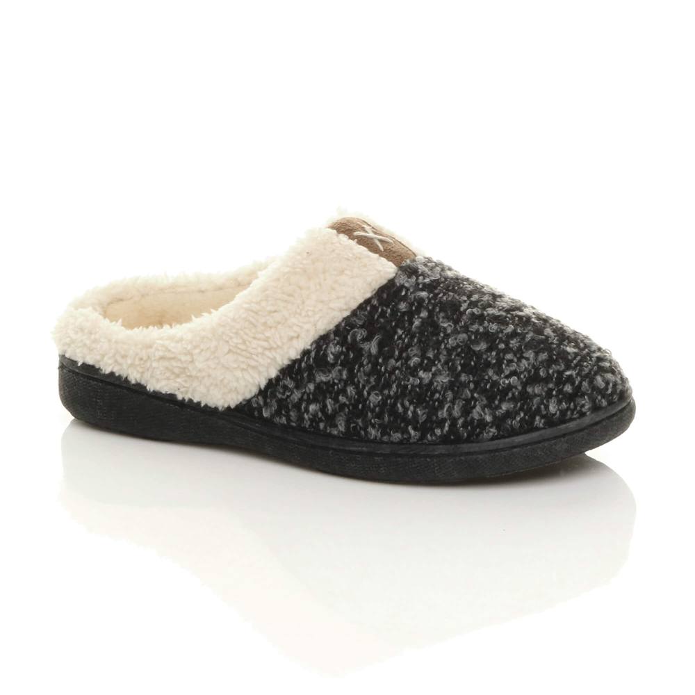 Ajvani Flat Heel Two Tone Borg Slippers In Black Ajvani Flat Heel Two Tone Borg Slippers In Black