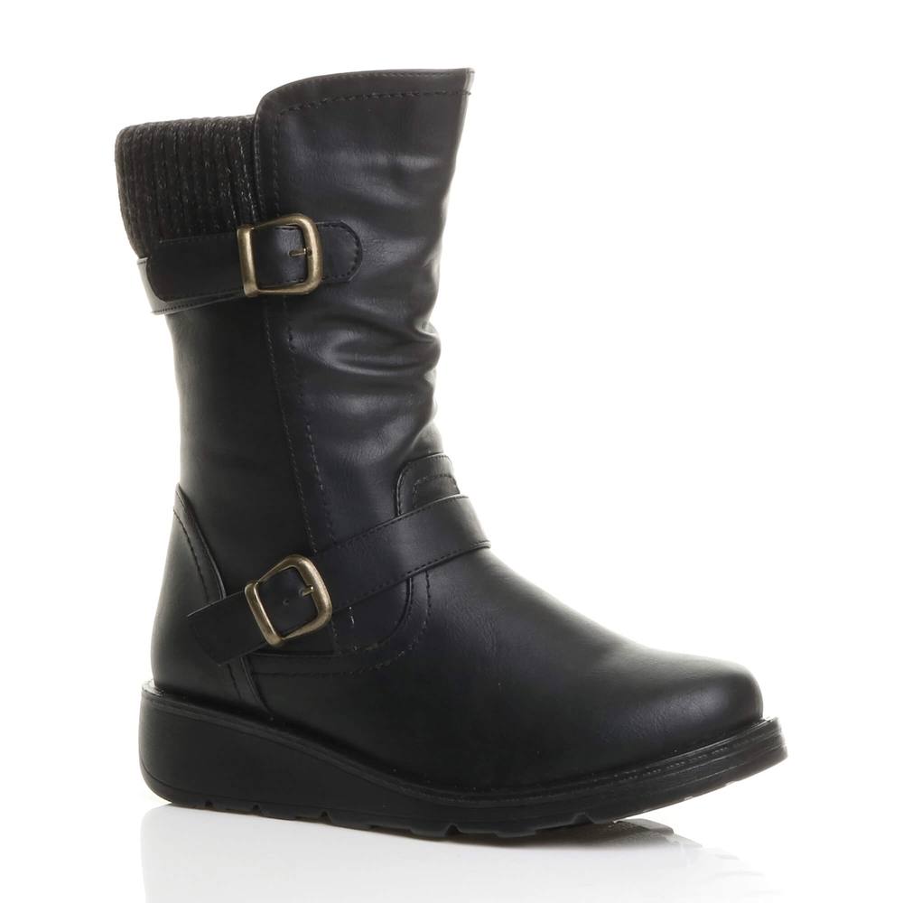 Ajvani Low Wedge Heel Comfort Calf Faux Leather Biker Boots In Black