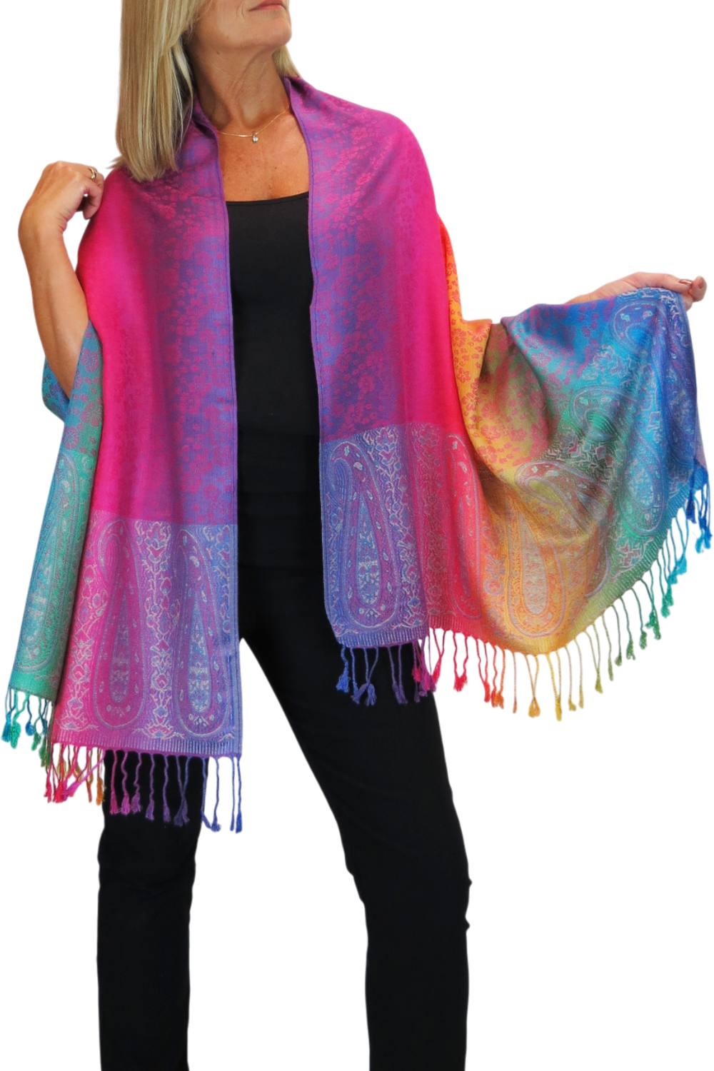 Paulo Due Rainbow Floral Paisley Pashmina Shawl Scarf In Pink