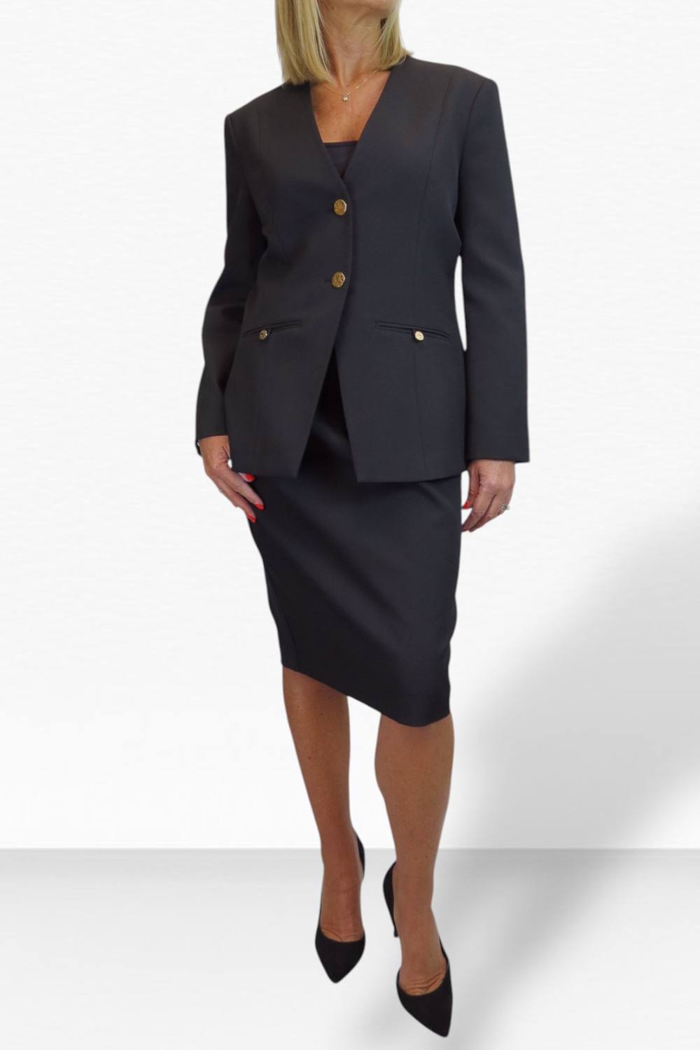 Paulo Due Piece V Neck Jacket And Midi Skirt Suit In Black Paulo Due Piece V Neck Jacket And Midi Skirt Suit In Black