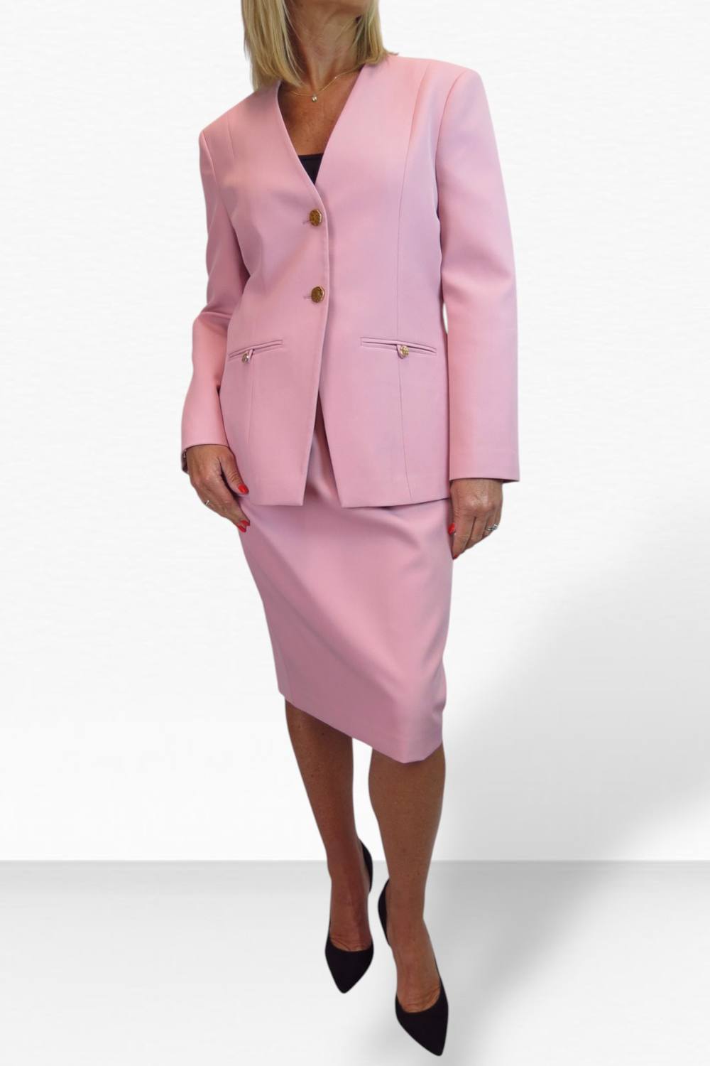 Paulo Due Piece V Neck Jacket And Midi Skirt Suit In Pink Paulo Due Piece V Neck Jacket And Midi Skirt Suit In Pink