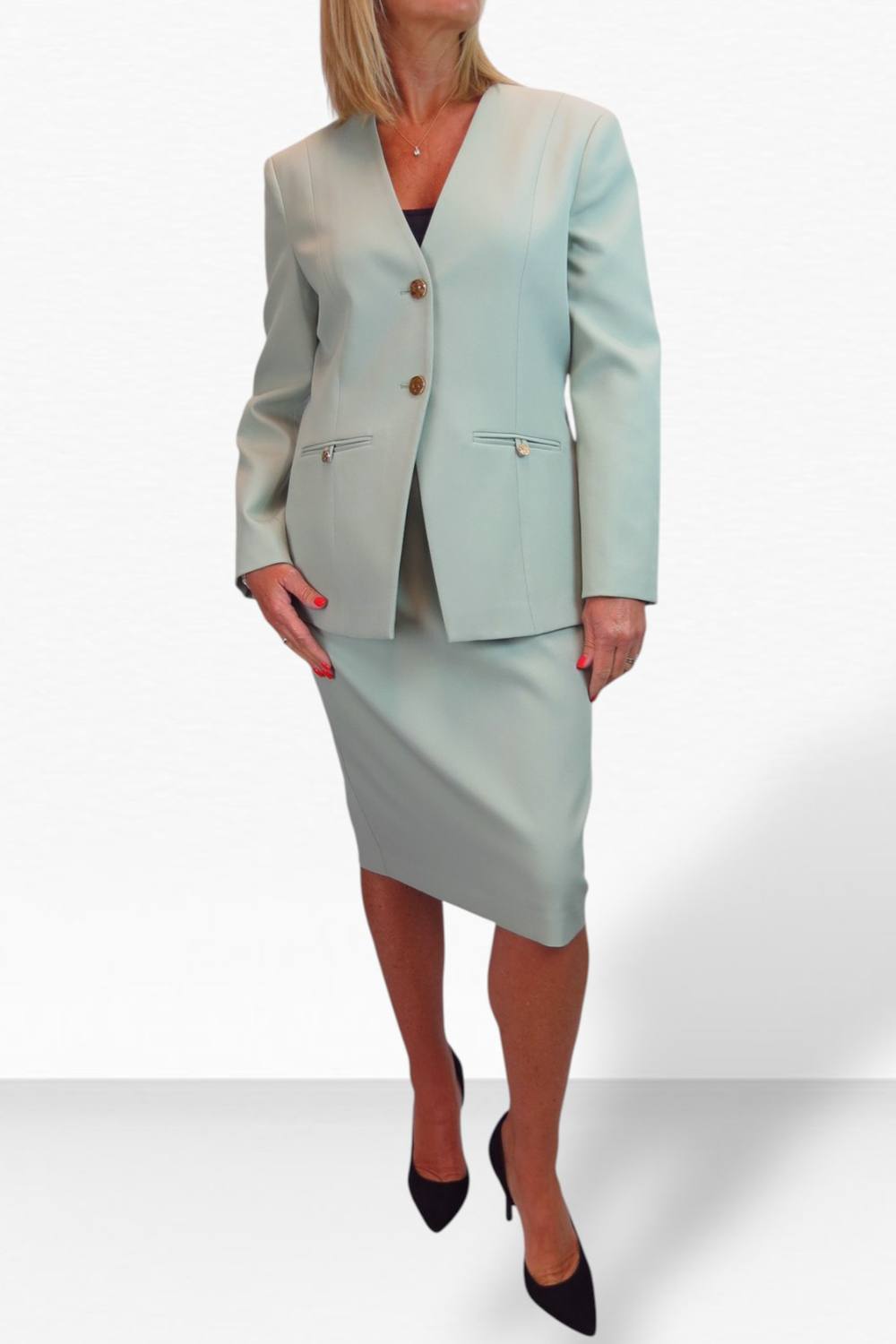 Paulo Due Piece V Neck Jacket And Midi Skirt Suit In Light Green