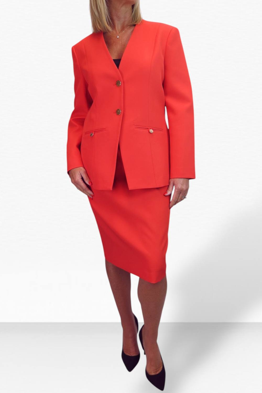 Paulo Due Piece V Neck Jacket And Midi Skirt Suit In Coral