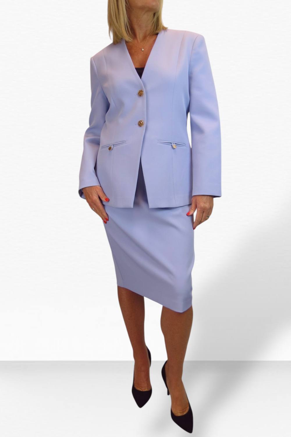 Paulo Due Piece V Neck Jacket And Midi Skirt Suit In Lilac Paulo Due Piece V Neck Jacket And Midi Skirt Suit In Lilac