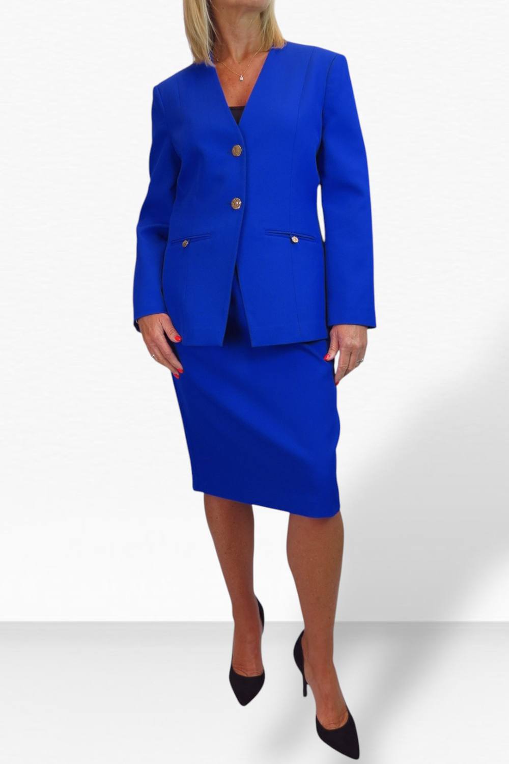 Paulo Due Piece V Neck Jacket And Midi Skirt Suit In Royal Paulo Due Piece V Neck Jacket And Midi Skirt Suit In Royal